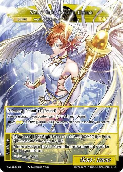 Clumsy Devotee, Saint Iris // Saint Iris, Battle Cleric 